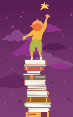 Boy, standing on a pile of book reaching for a star